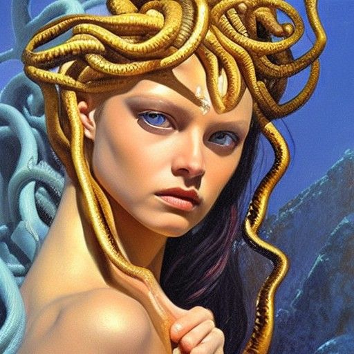 Realistic Medusa with Golden Snakes, Oil Painting