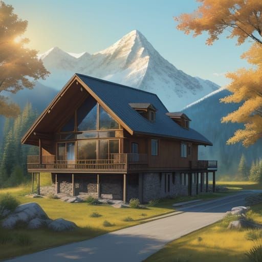 Mountain Home in Watercolor Style