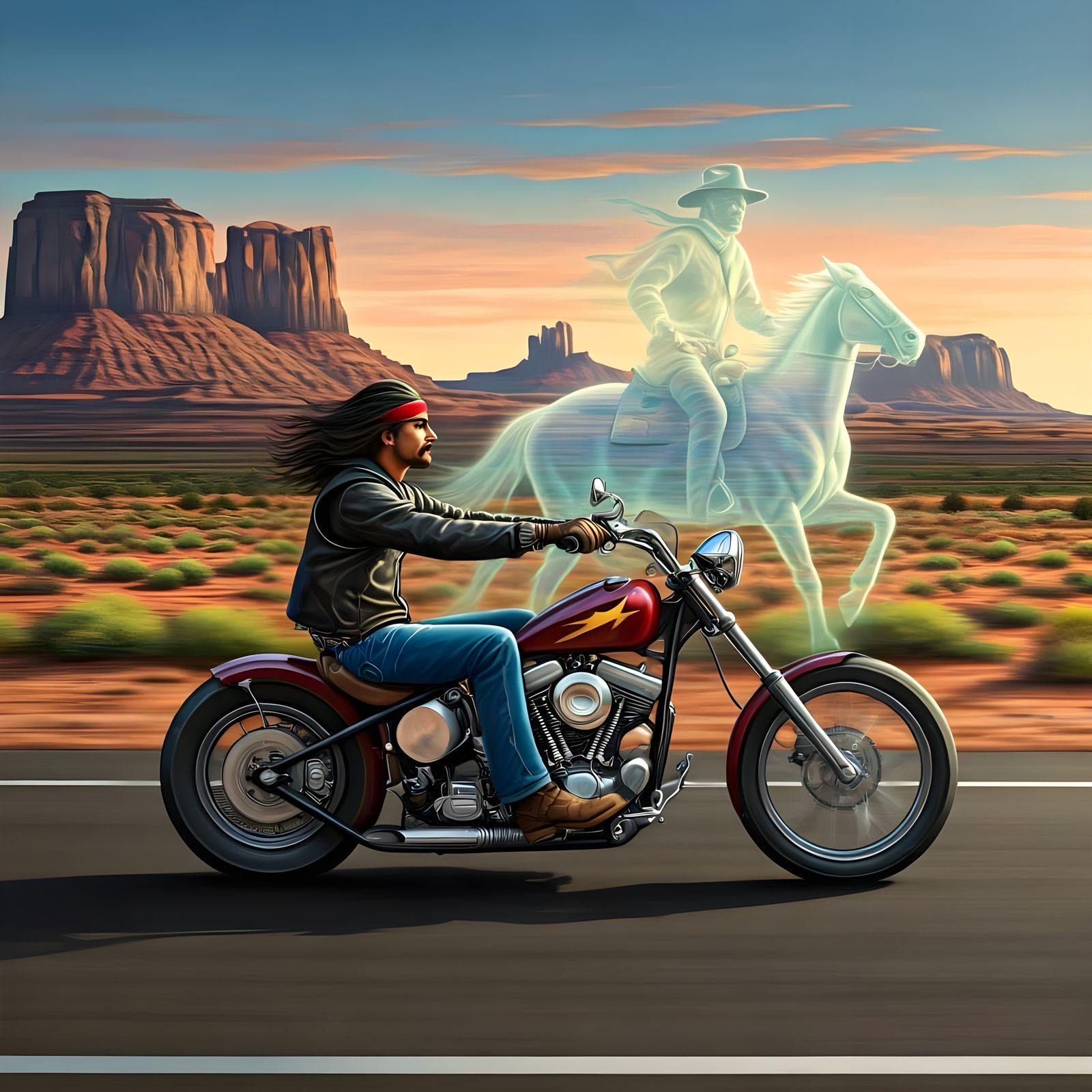 Ethereal Biker Meets Ghostly Pony Express Rider in Desert La...