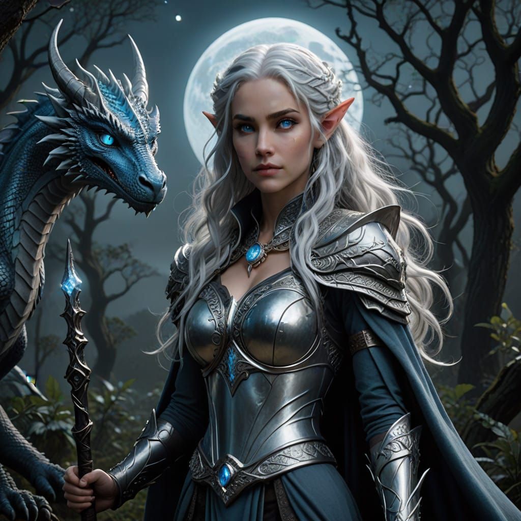 Majestic Half-Silver Dragon Sorceress Under Full Moon