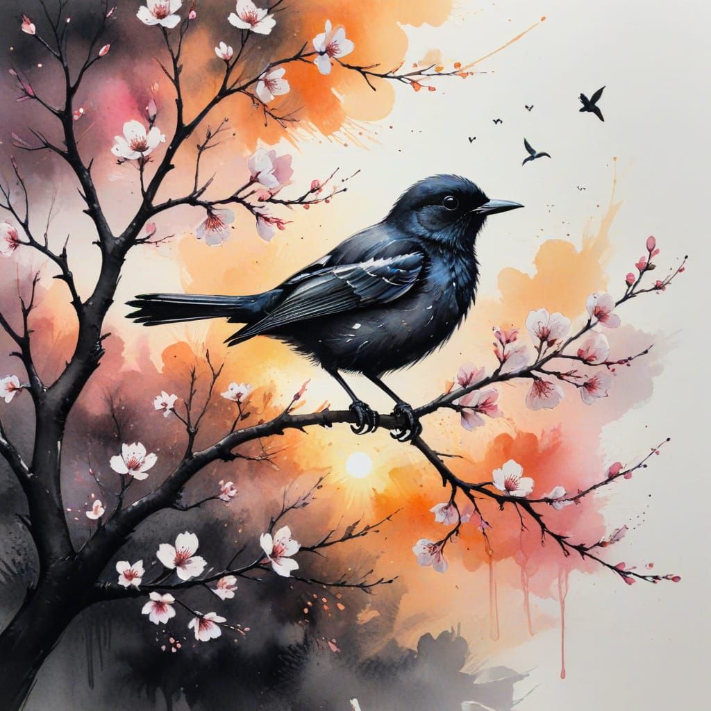 Surreal Landscape of a Blossoming Tree with a Bird at Sunset...