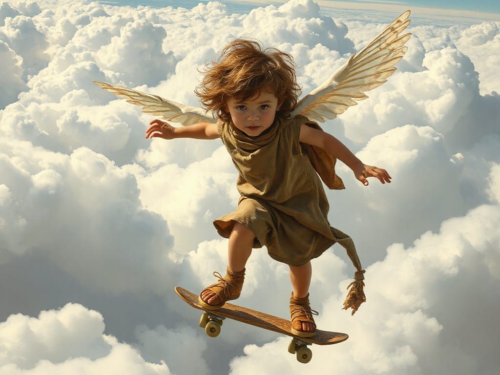 Child Skateboarding on Clouds: Hyperrealistic Oil Painting