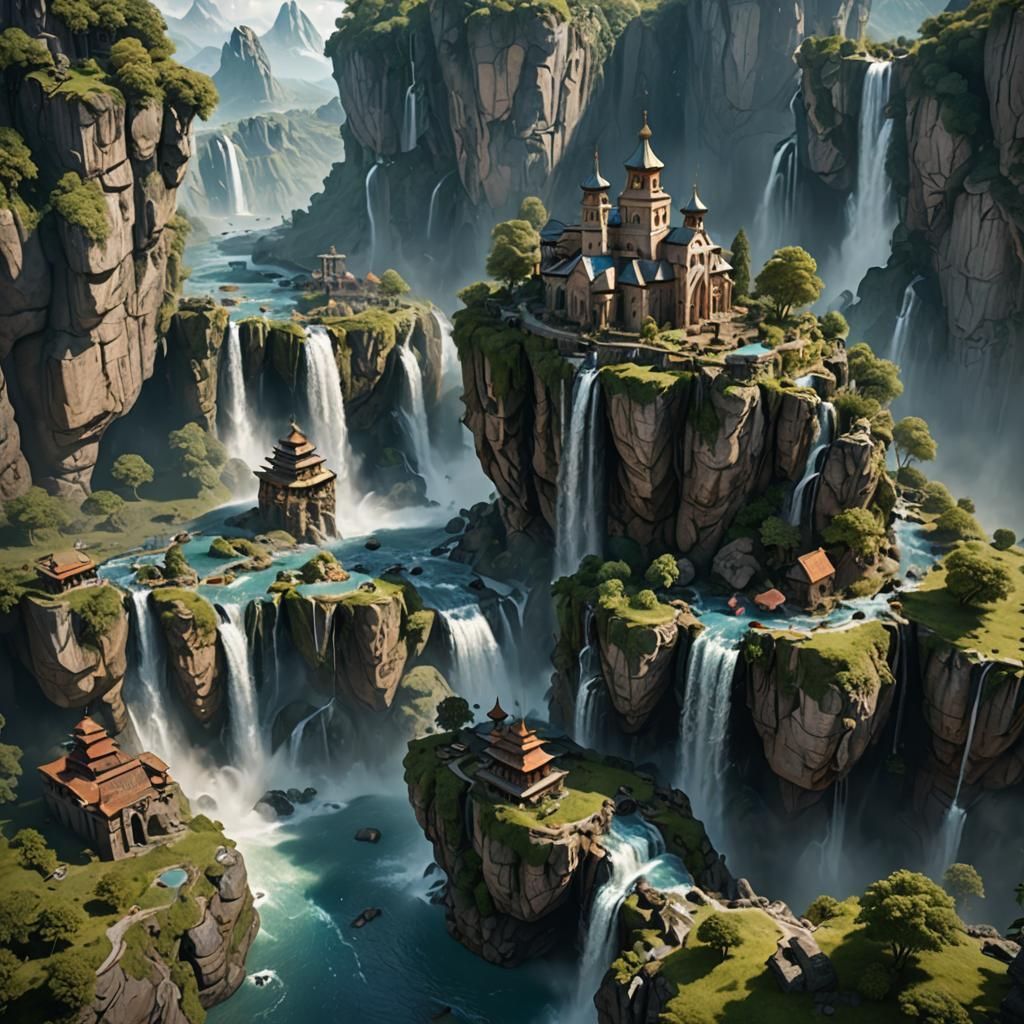 Levitating Island Monastery with Waterfalls