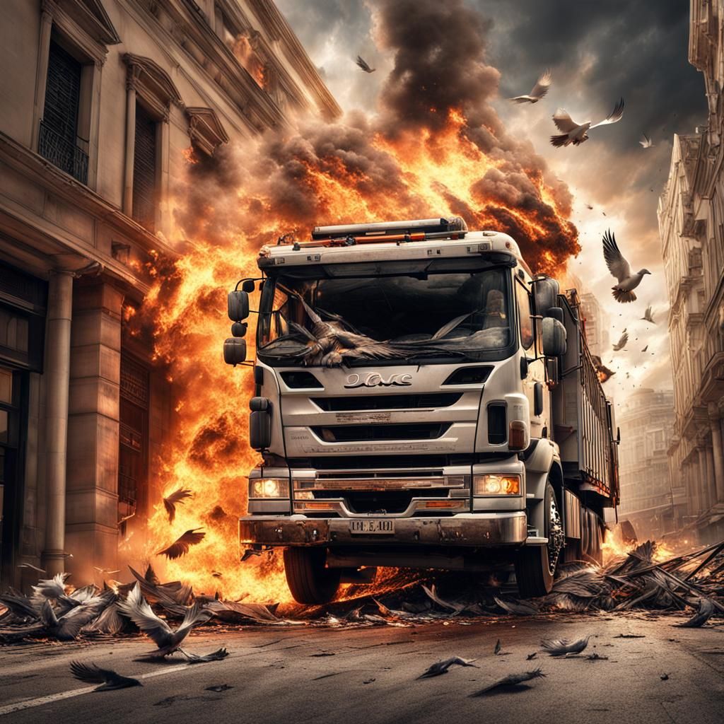 Burning Truck Crash with Doves: Hyperrealistic Rendering