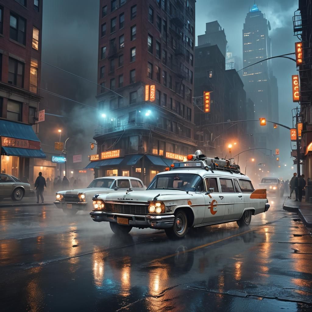 Eerie White ECTO1 on Misty New York Street