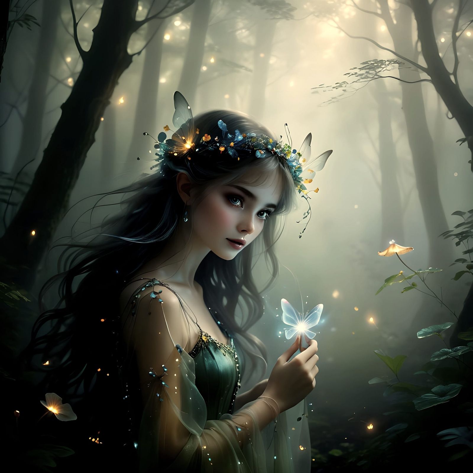 Beautiful Fairy in Misty Forest Scene