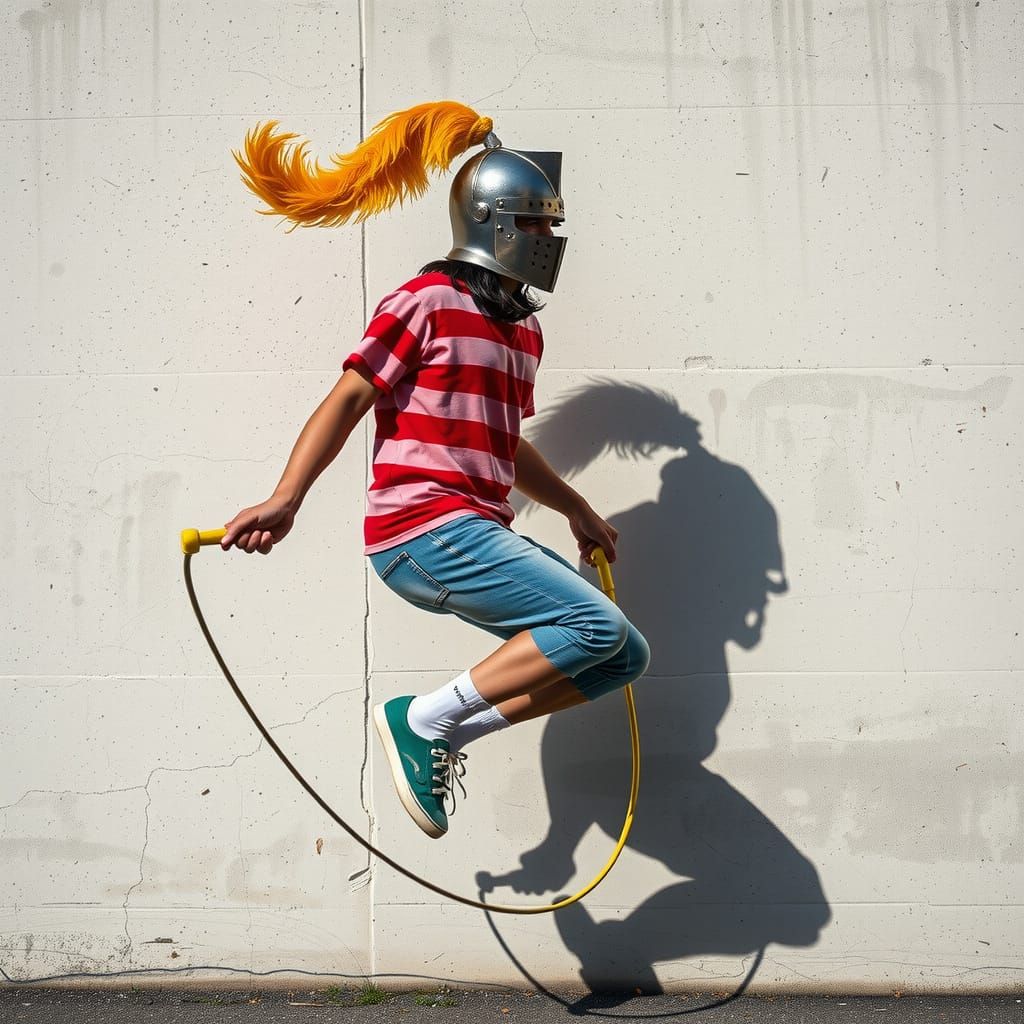 Photorealistic Knight Jumps Rope in Dramatic Lighting