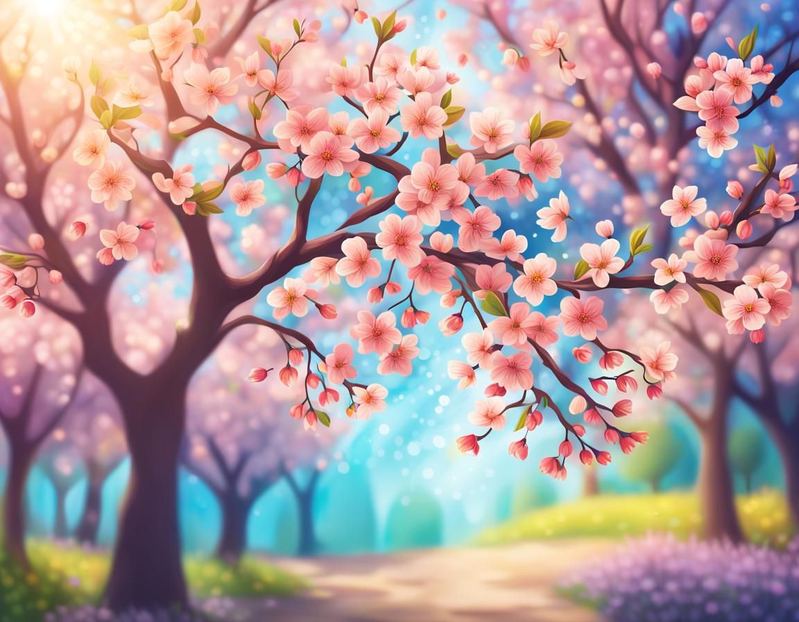 Vibrant Spring Scene with Blooming Flowers and Trees