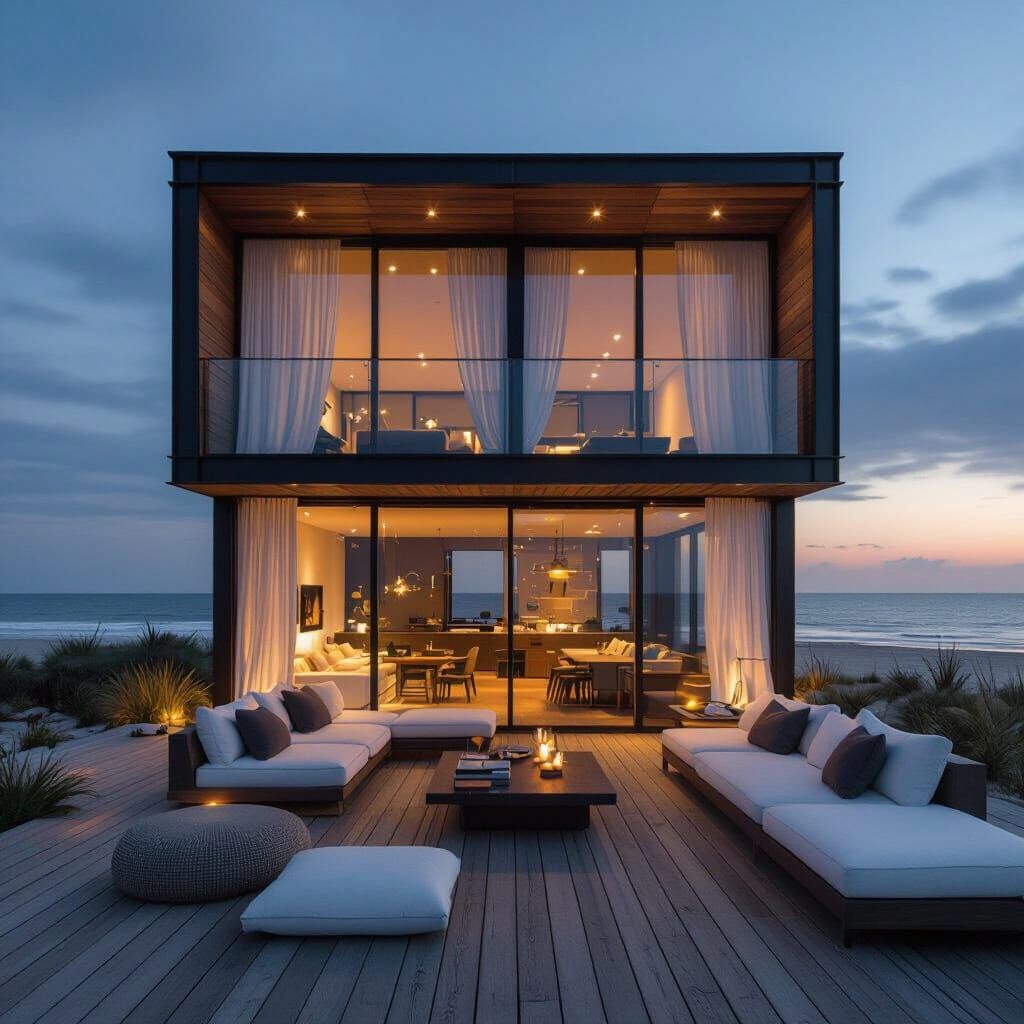 Industrial Beach House at Night with Sea View
