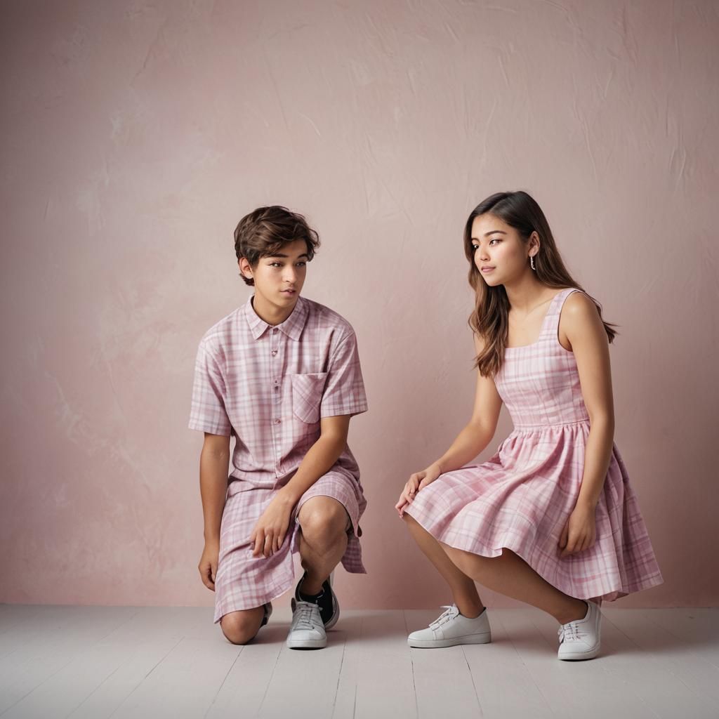Teenage Girl Peeks Under Boy's Pink Dress
