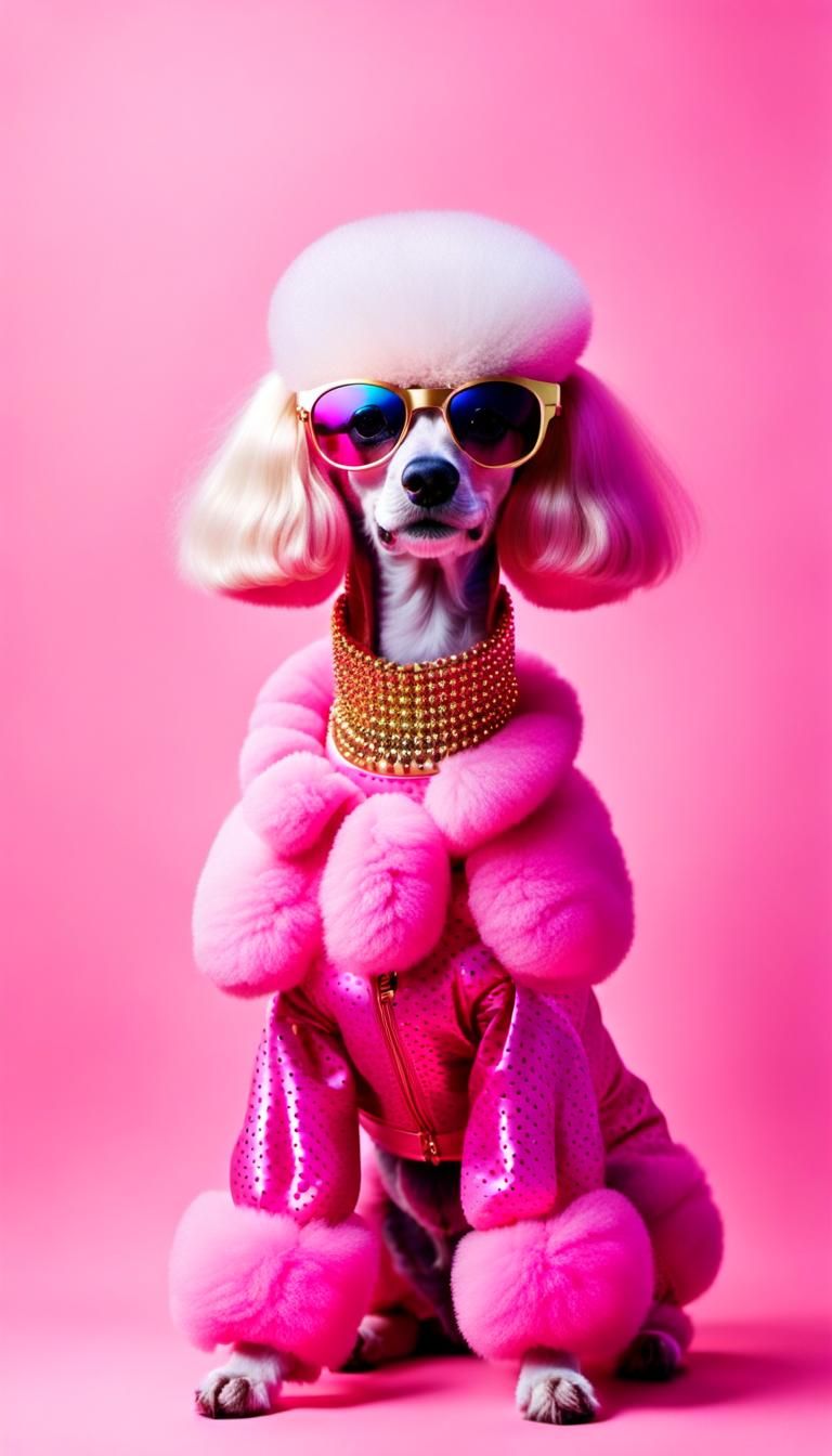 halftone dots pattern, wide full body, side view, double exposure of portrait of an  anthropomorphic  poodle dressed as ...