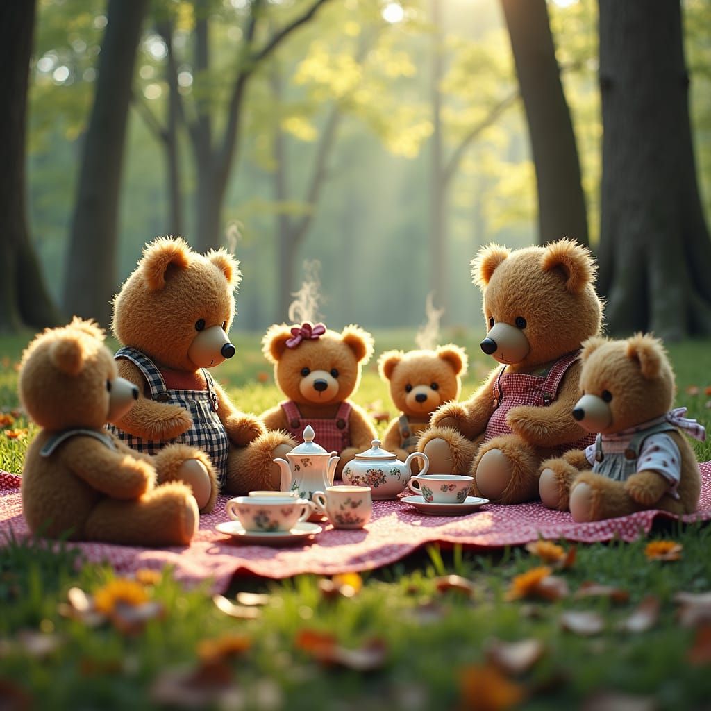 Teddy Bear Picnic in Forest Glade, Hyperrealistic HDR Image