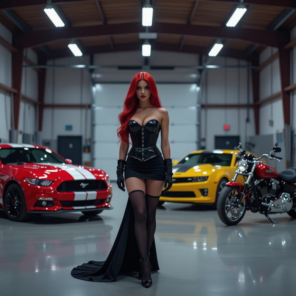 Goddess in Garage with Mustang and Viper, Cinematic