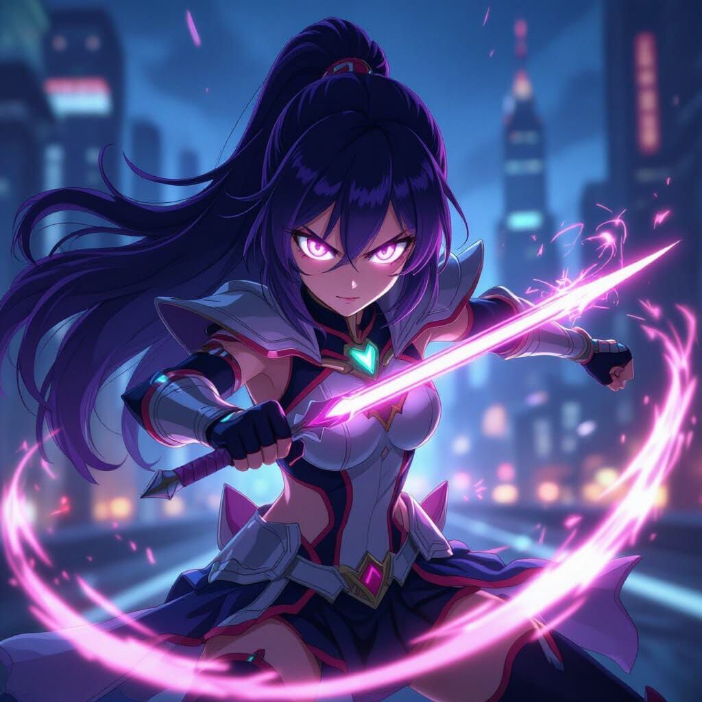 Anime Magical Girl Warrior Huntrix in Dynamic Action Pose