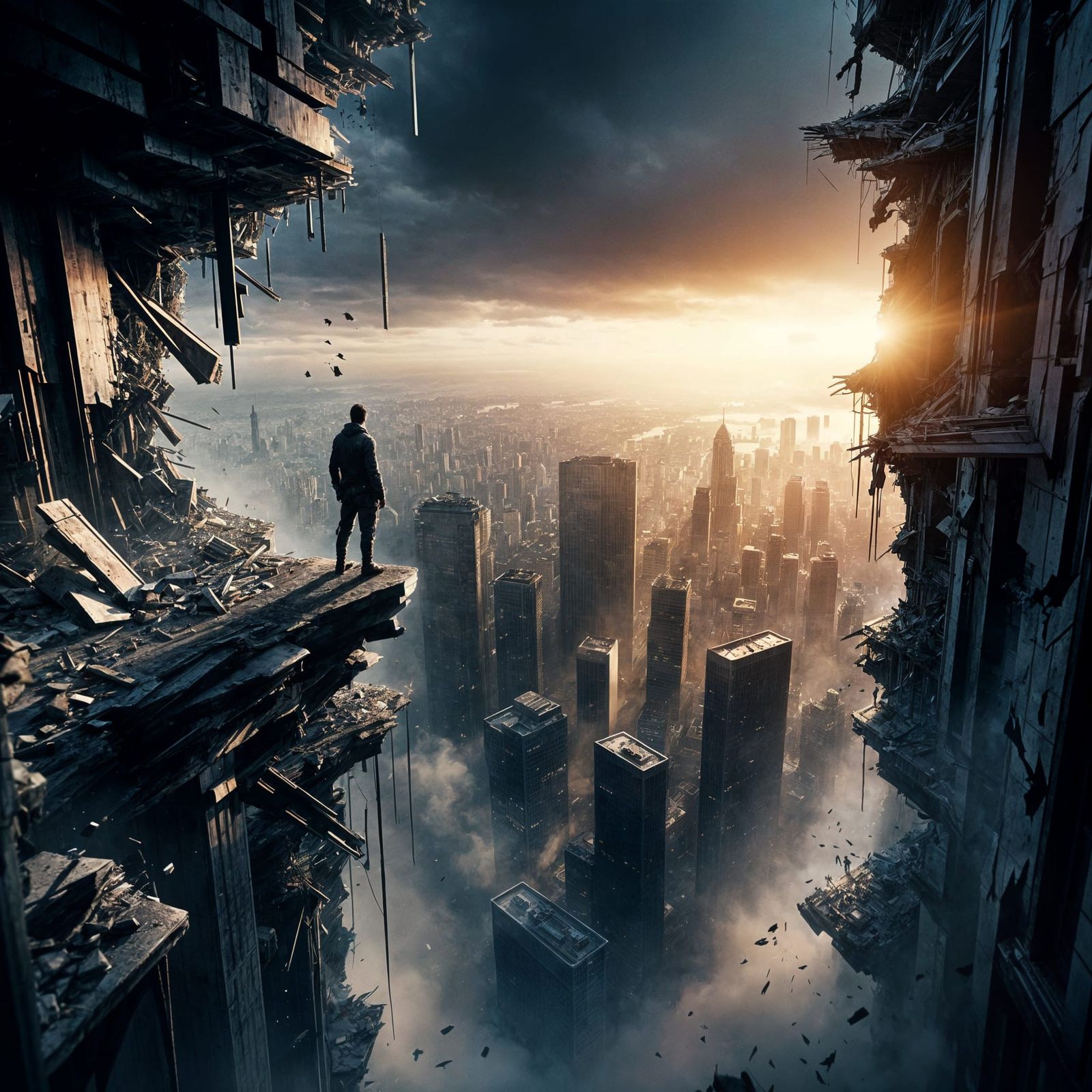 Figure on the Brink of a Collapsing Skyscraper, City in Chao...