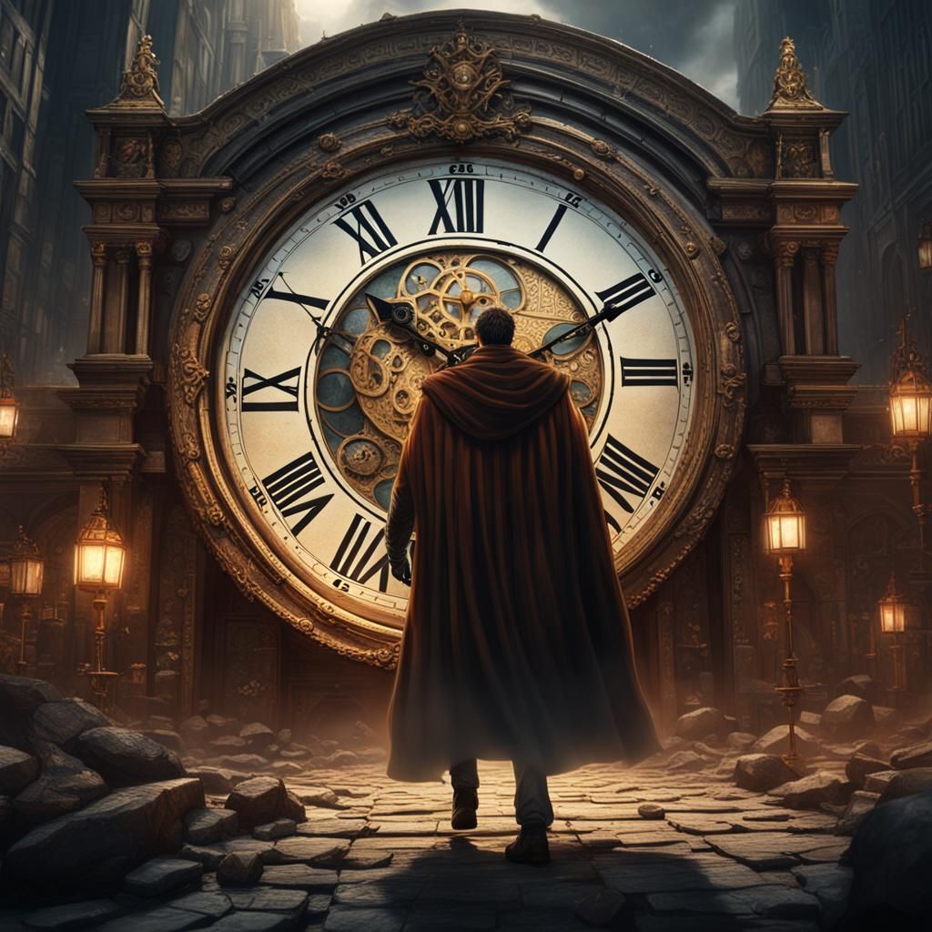 Cloaked Man Enters Clock of Ages: Fantasy Art