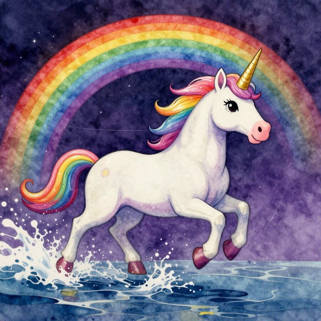 Rainbow Unicorn Running Through Vibrant World in Watercolor ...
