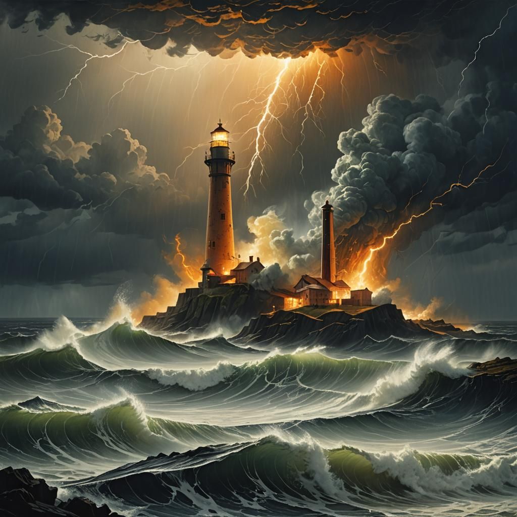 Lighthouse Beacon Amidst Storm, in Photorealistic Style