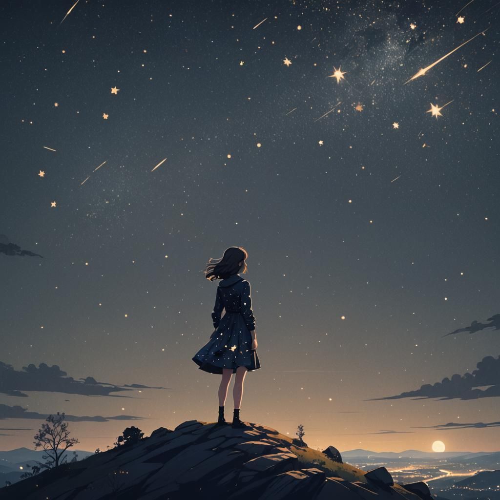 Girl Under Starry Sky in Digital Art Style