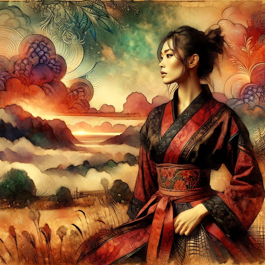 Woman Gazing at Sunrise in Zentangle Dutch Expressionism