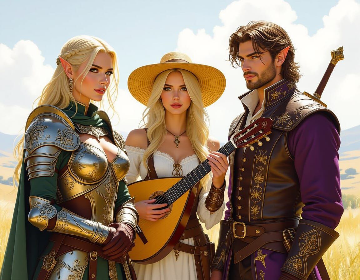 Fantasy Characters in Sunlit Landscape, Photorealistic Style