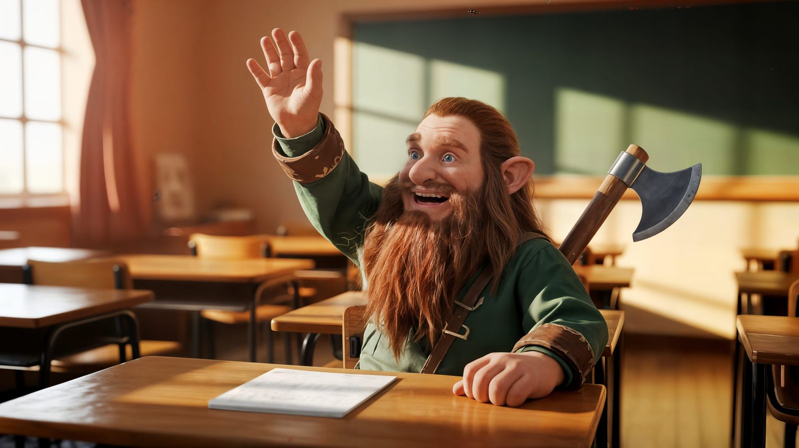 Dwarf Student Gimli Enthusiastically Raises Hand in Classroo...