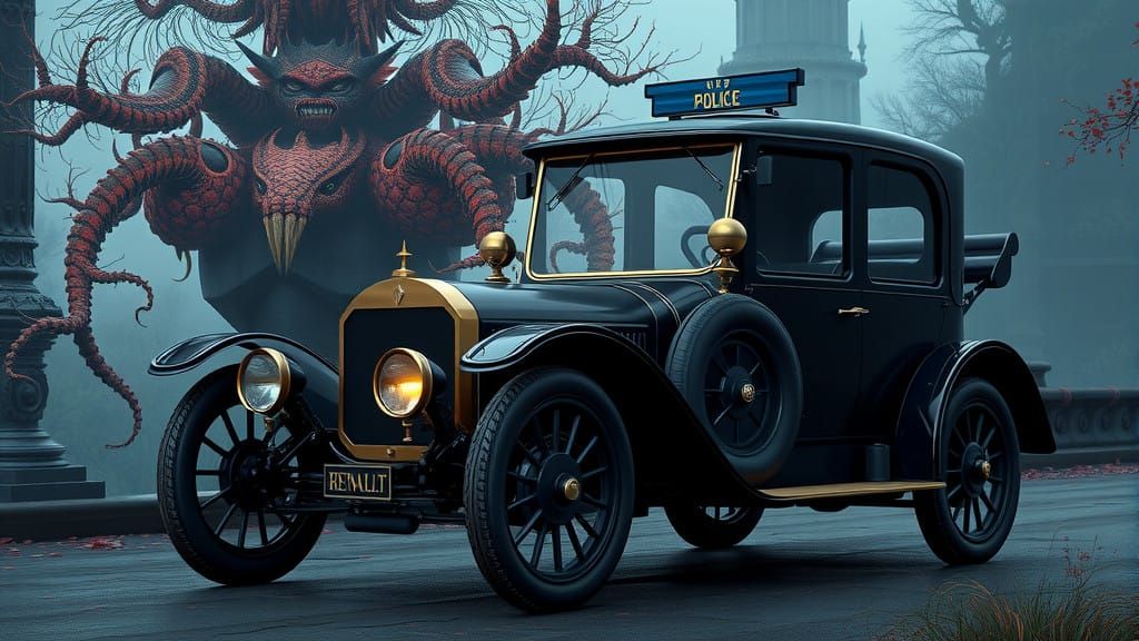 Fantastical Gilded Age Police Car in Rich, Muted Earth Tones
