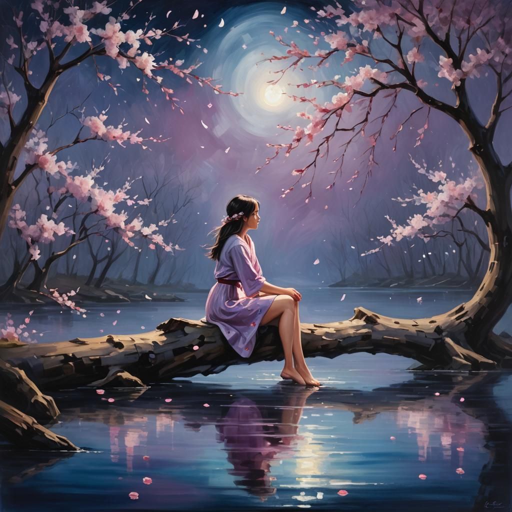 Dreamy Night Scene with Girl and Cherry Blossoms