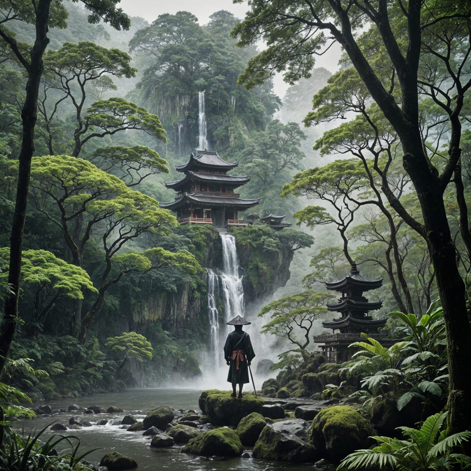 Warrior Praying at Japanese Temple in Rainforest