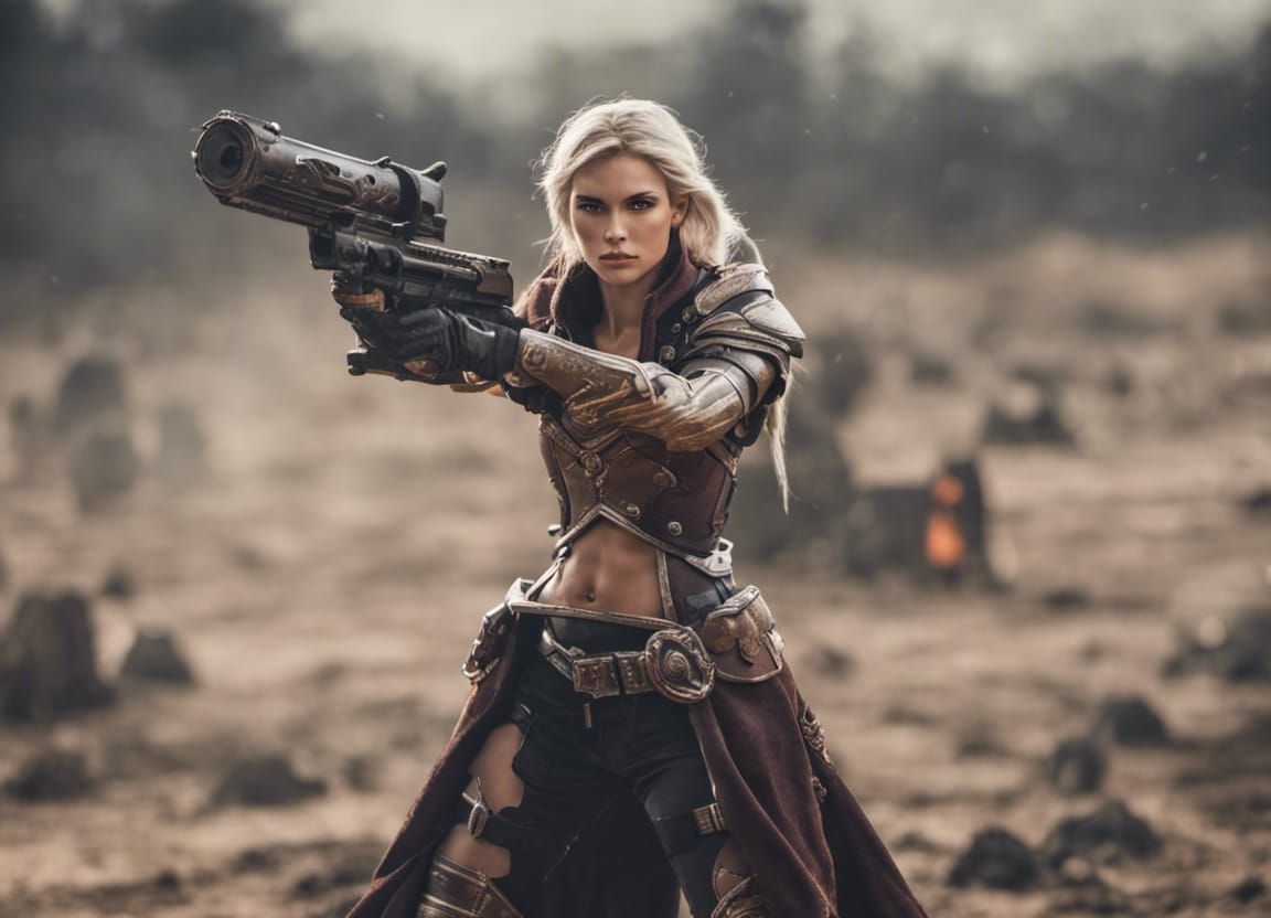Female Mage Warrior in Battlefield with Epic Gun