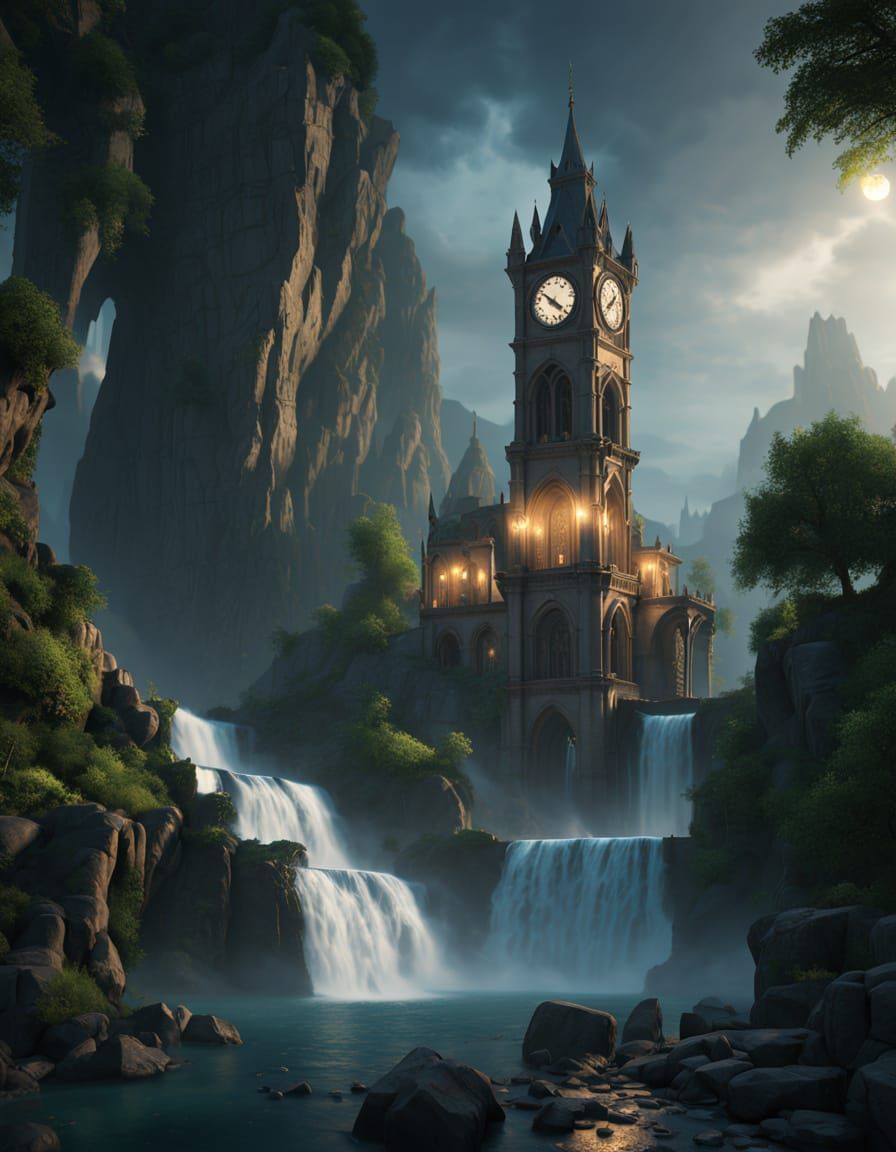 Gothic Clock Tower in Fantasy Landscape, Digital Art