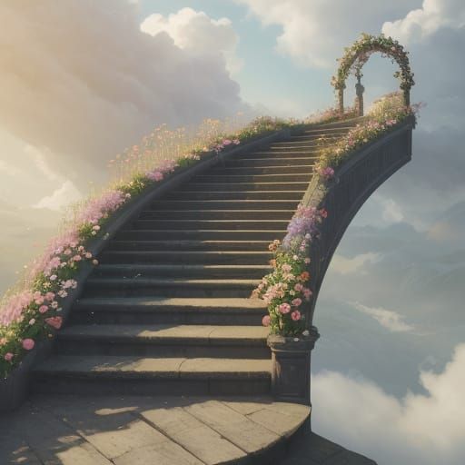 Surreal Staircase Ascends Through Iridescent Flower Field