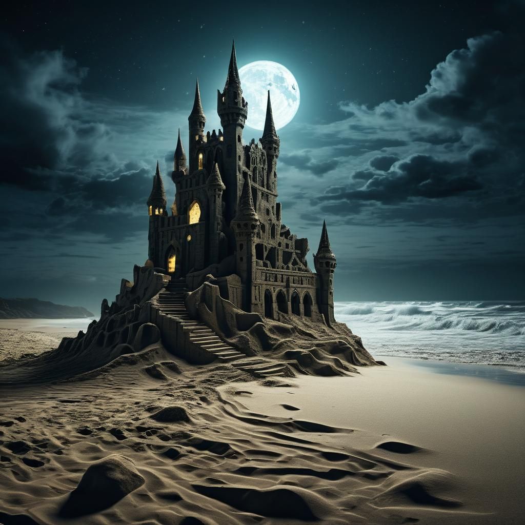 Gothic Sandcastle on Moonlit Beach