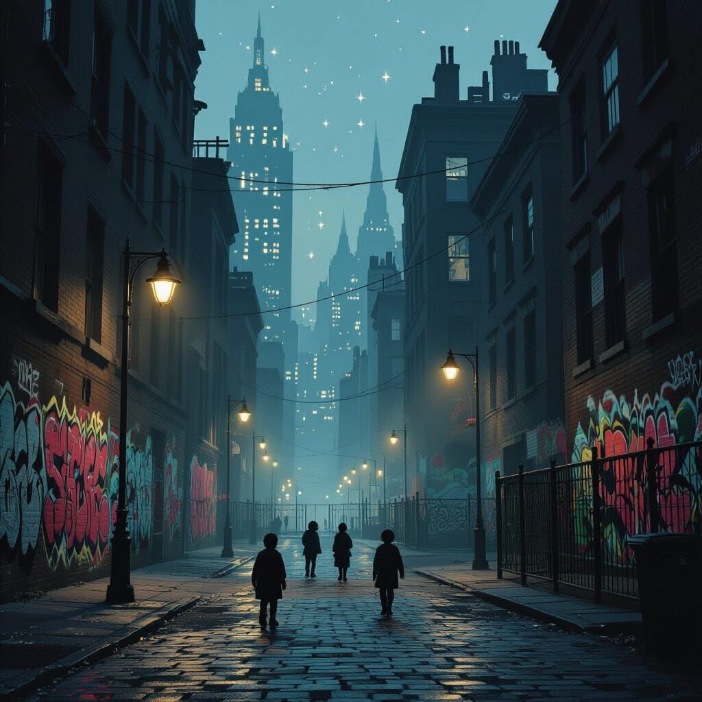 Dystopian City Street at Night in Film Noir Style