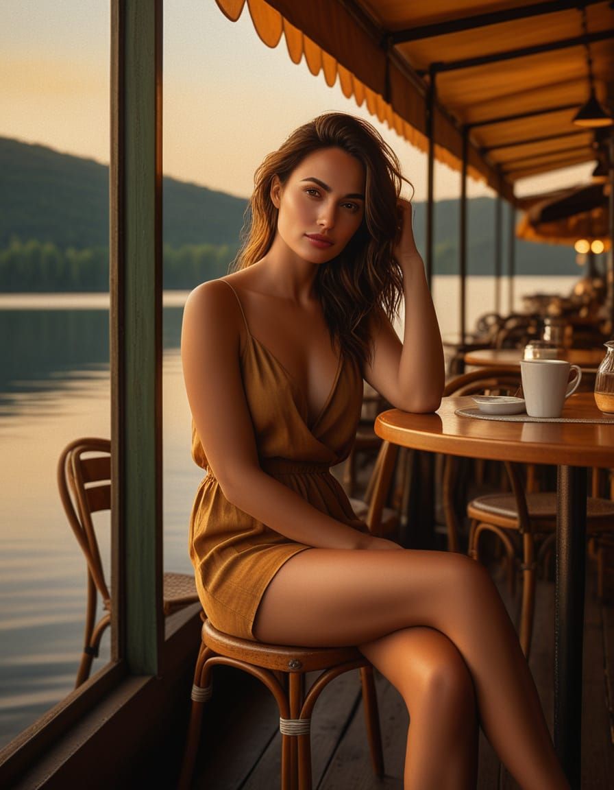 Woman at Lakeside Cafe in Romantic Realism Style