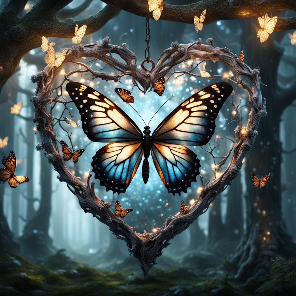 Crystal Heart with Butterfly: Photorealistic Digital Paintin...