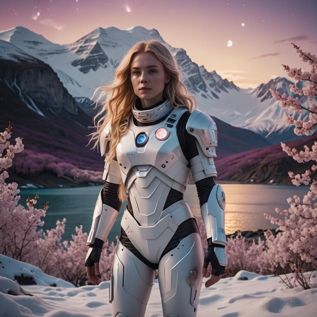 Girl in Astronaut Armor with Northern Lights