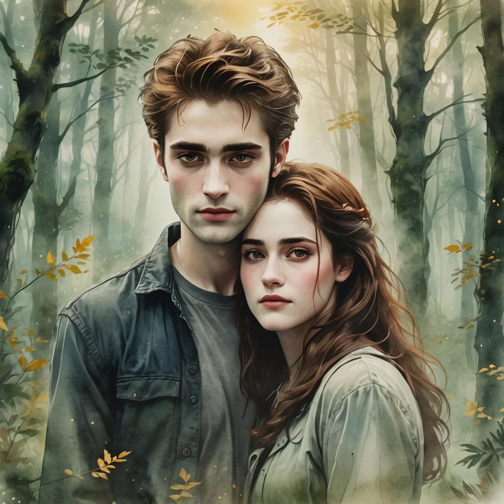 Bella and Edward: Anime Portrait in Misty Forest