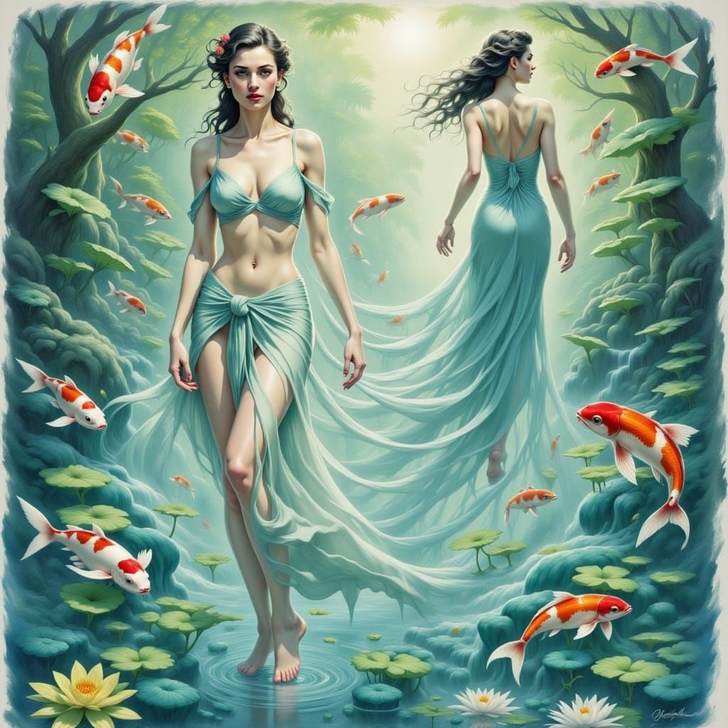 Ethereal Goddess Emerges in Koi Pond, Dreamy Watercolor