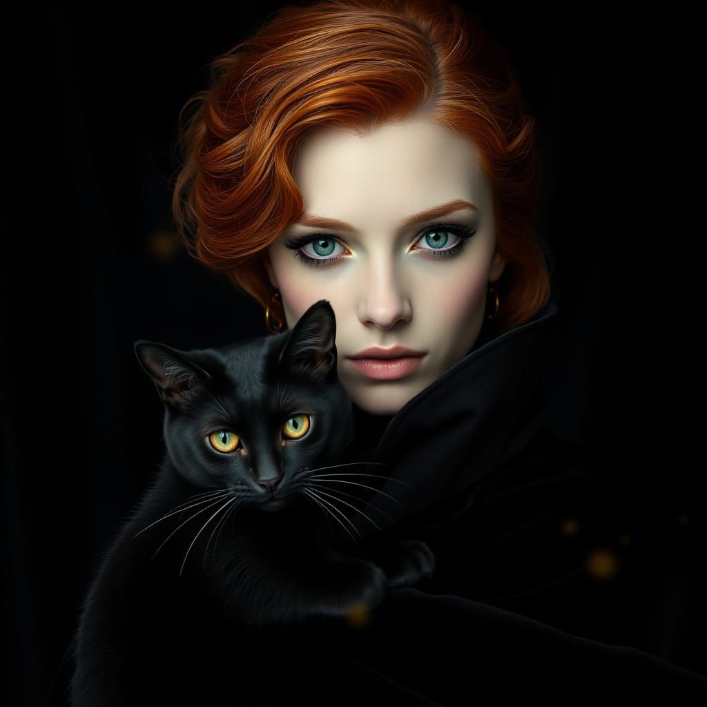 Ethereal Redhead Enchantress with Black Cat in Velvet Cloak