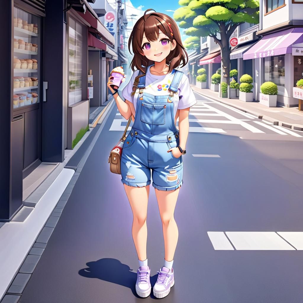 Anime Chibi Girl in Overalls, Cel-Shaded Style