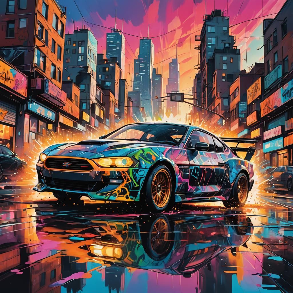 Futuristic Car Race in Sinagora: Graffiti Art Style