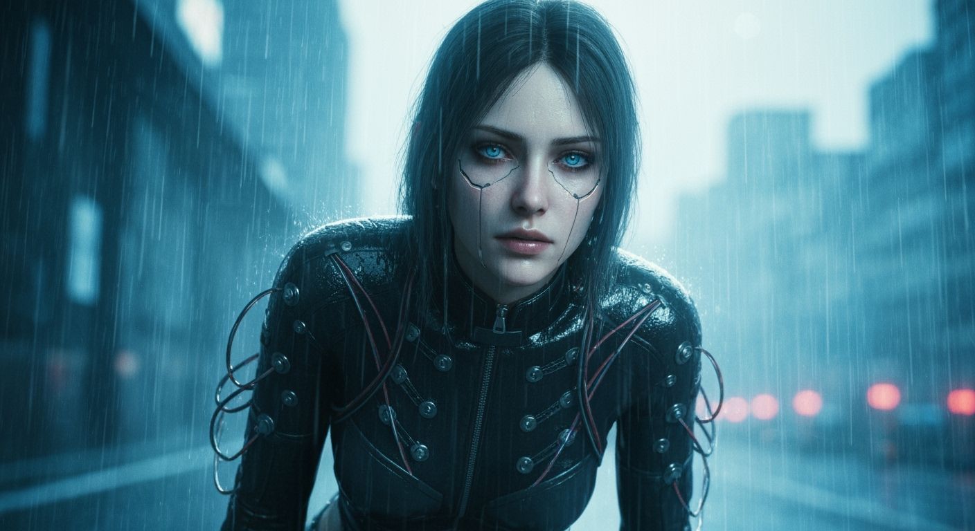 Cyberpunk Woman Weeping in the Rain: Dramatic Portrait