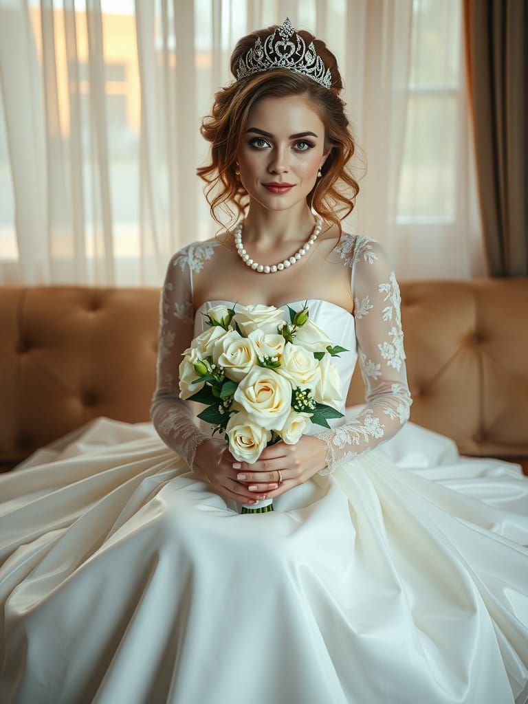 A  bride sits serenely, embodying elegance and grace. Her latex gown features a classic design with a fitted bodice tha....