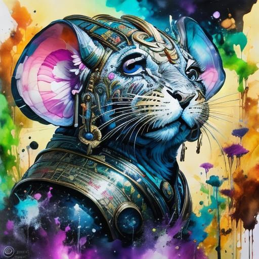 Inky Geisha Mice Illustration in Watercolor Style