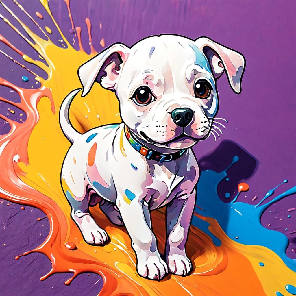 Adorable Chibi Pitbull Puppy in Vibrant Paint Pour Style