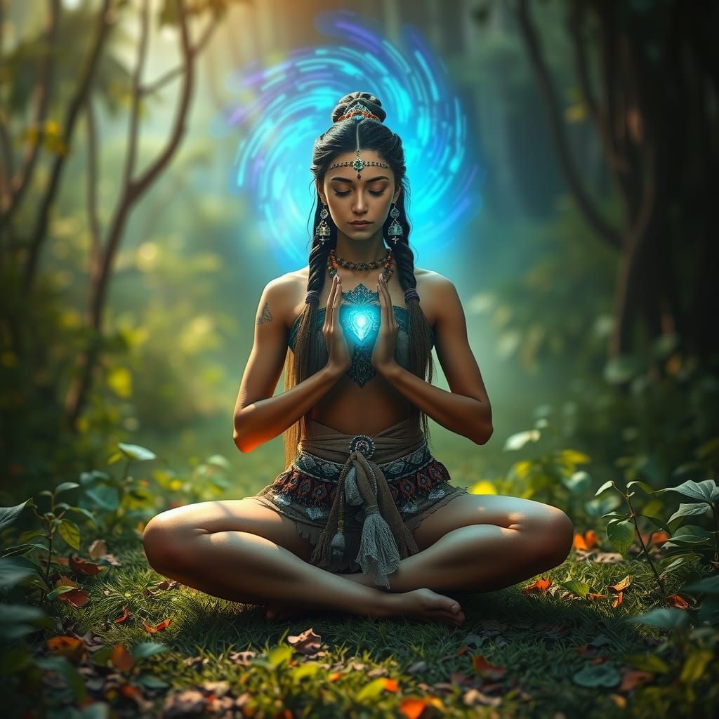 Tribal Woman Meditating with Chakra Energy Glow