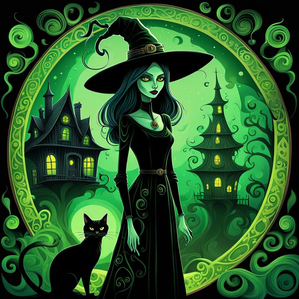 Green Witch in Haunted House: Folk Art Whimsy