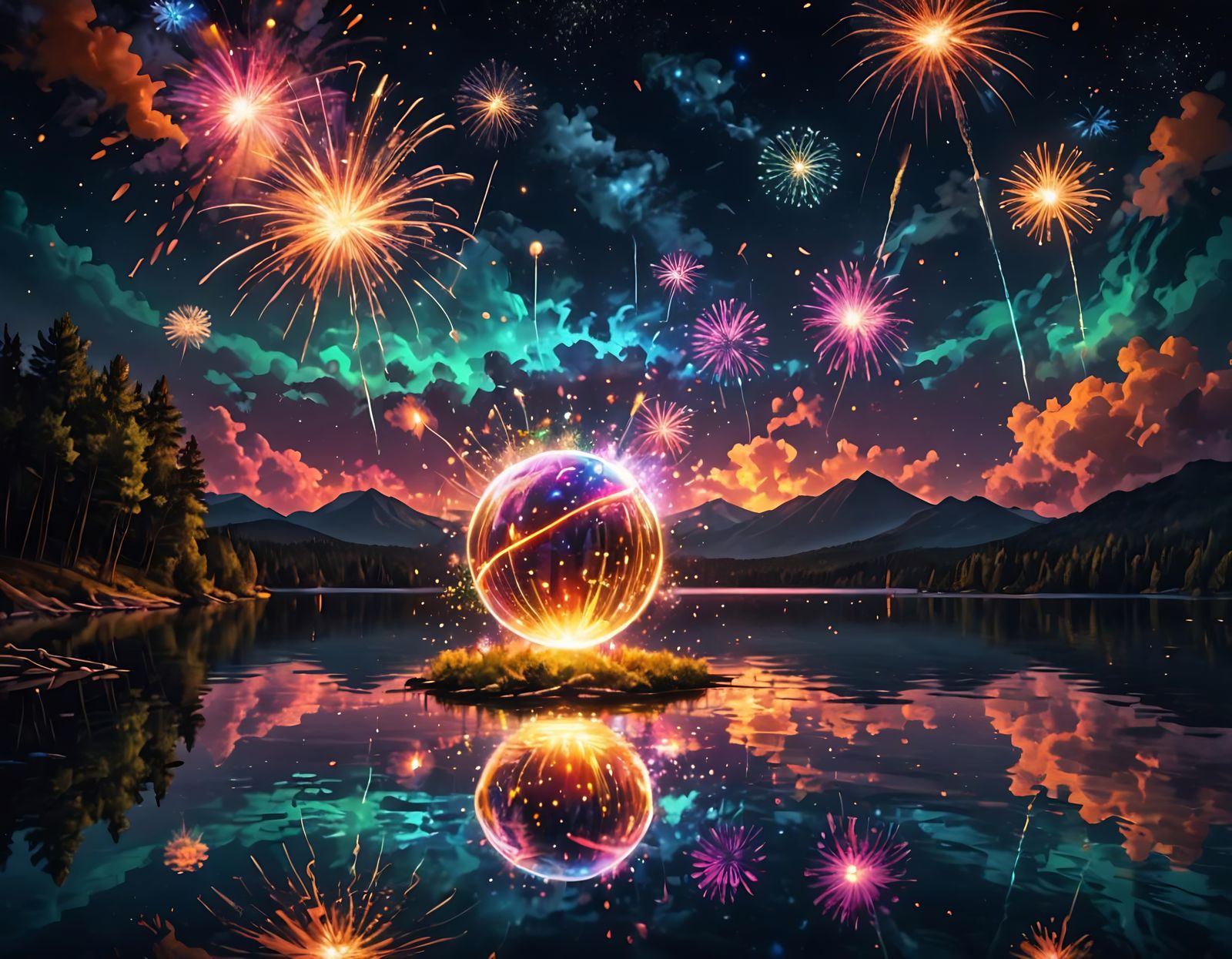 Neon Orb Fireworks Over Serene Lake