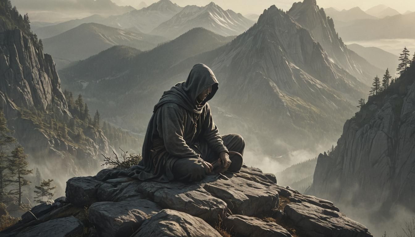 Hooded Figure Sharpening Sword in Mountain Landscape